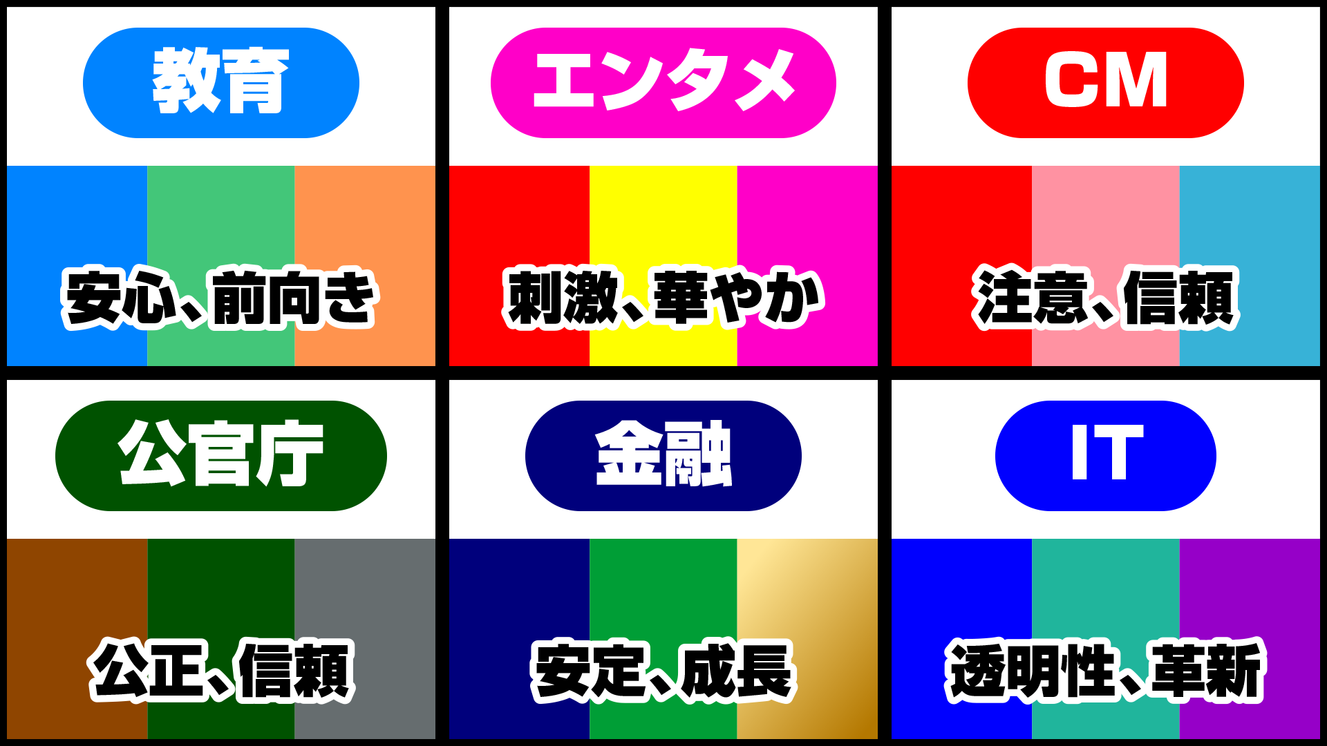6ジャンルのイメージカラーを3つ表示したイラスト